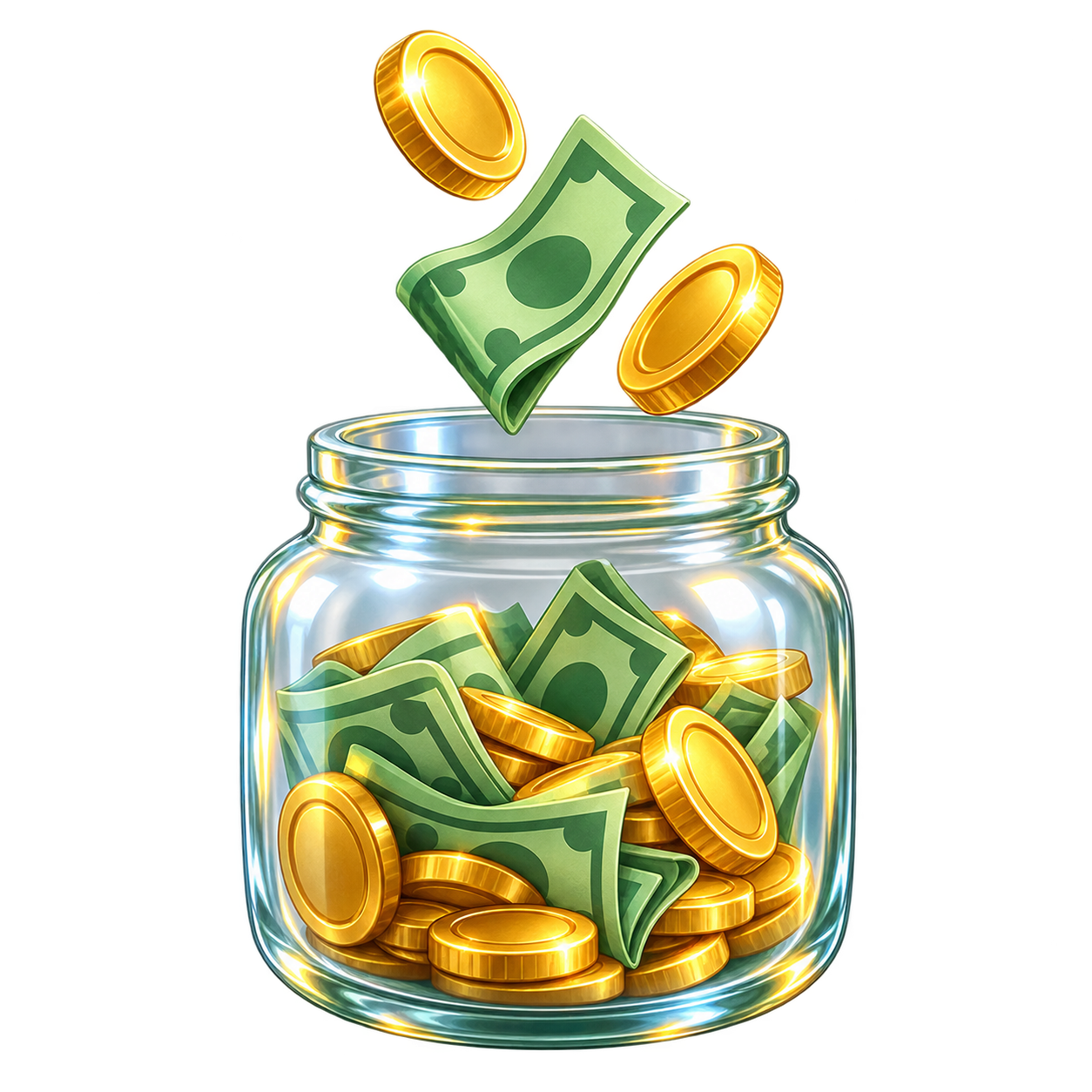 Tip jar with coins and a banknote dropping inside